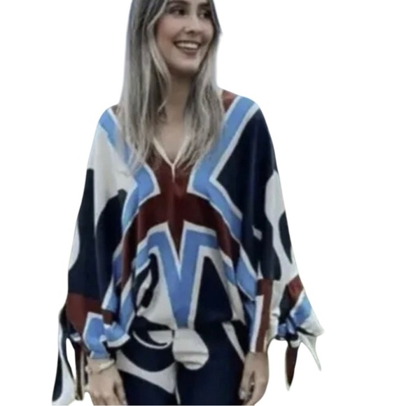 Zara Tops - Zara Multicolored Graphic Tie Sleeve Blouse